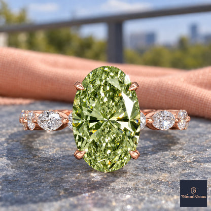 Green Oval Cut Lab Grown Diamond Engagement Ring - Navette Band in rose gold, close-up