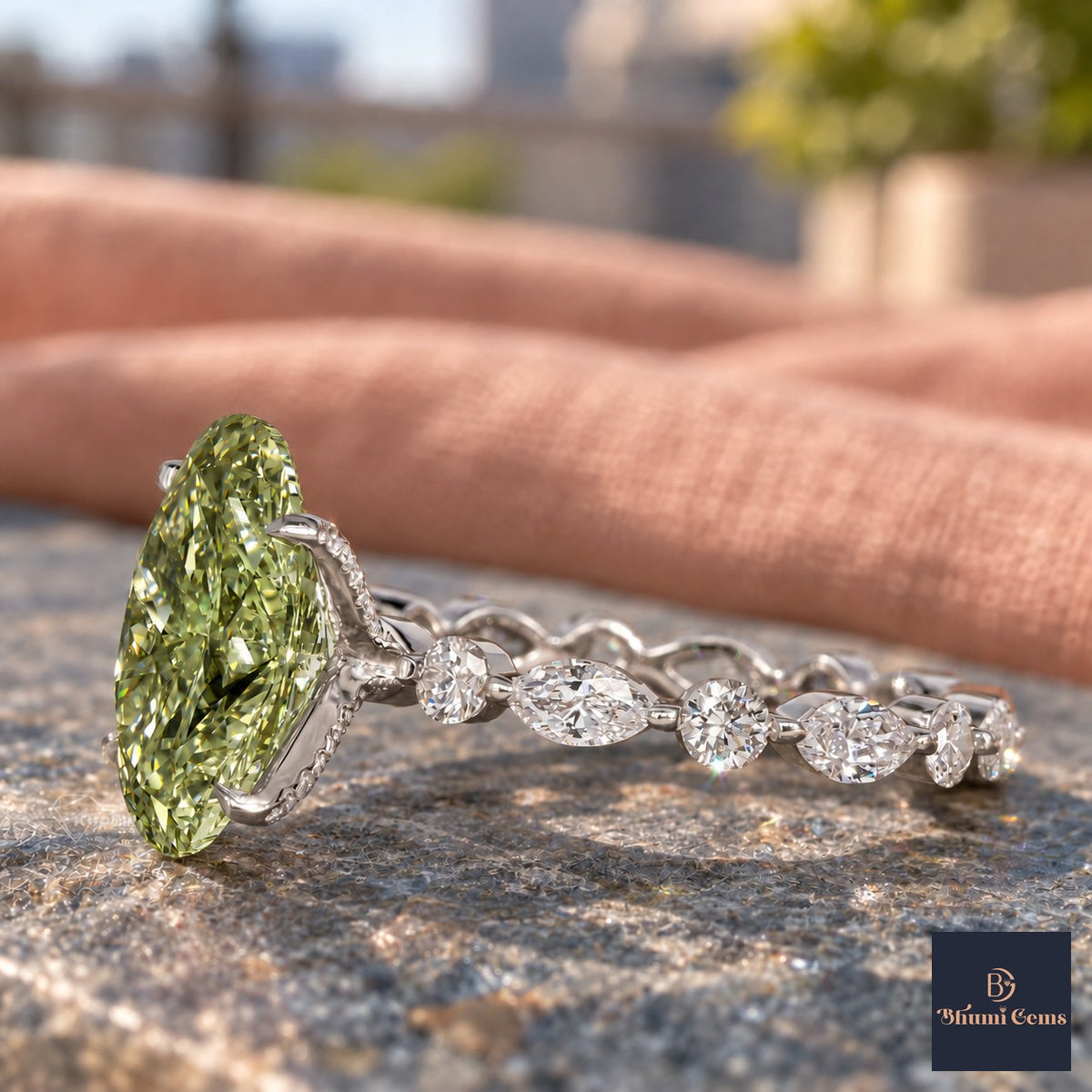 Green Oval Cut Lab Grown Diamond Engagement Ring - Navette Band in white gold, side view