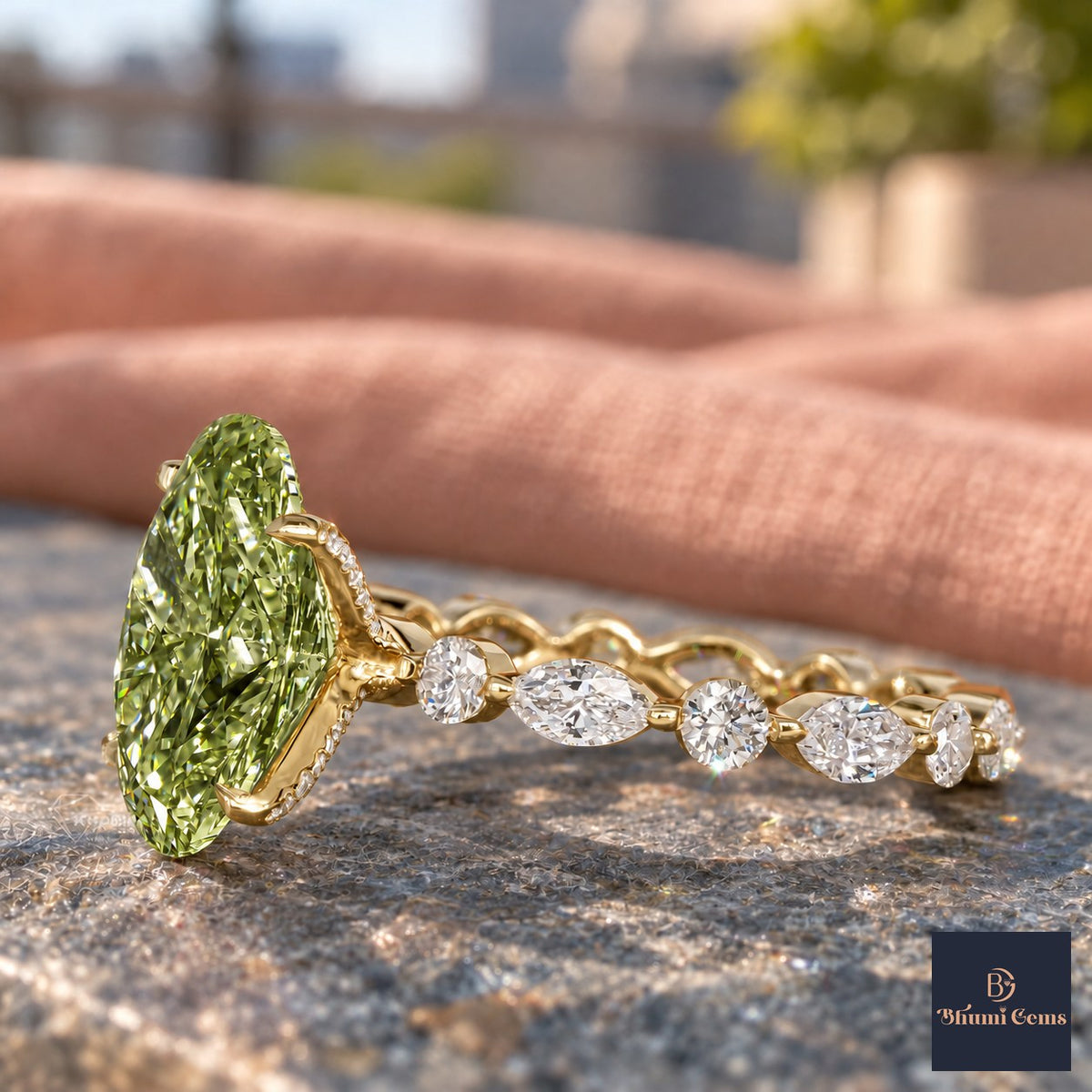 Green Oval Cut Lab Grown Diamond Engagement Ring - Navette Band in yellow gold, side view