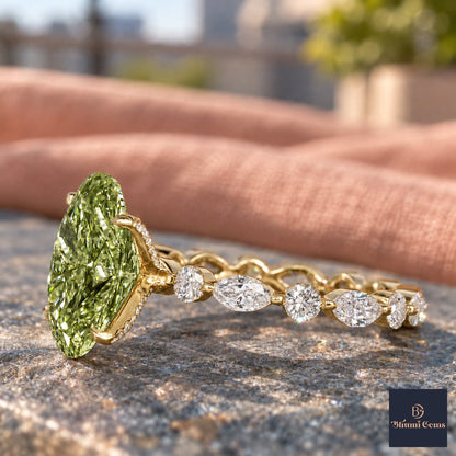 Green Oval Cut Lab Grown Diamond Engagement Ring - Navette Band in yellow gold, side view