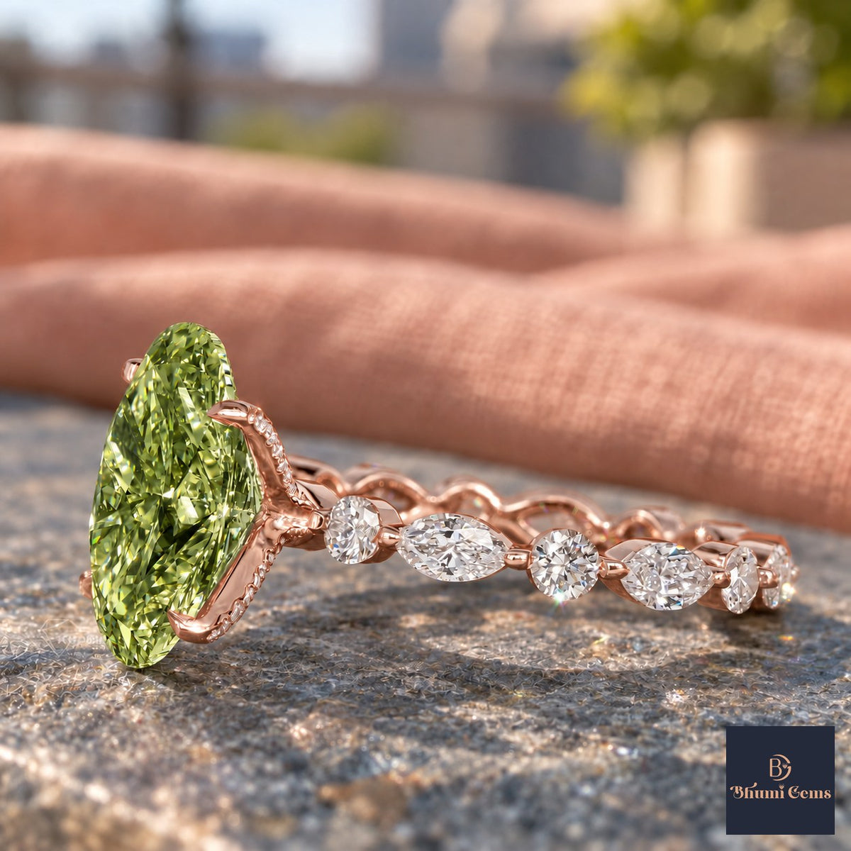 Green Oval Cut Lab Grown Diamond Engagement Ring - Navette Band in rose gold, side view
