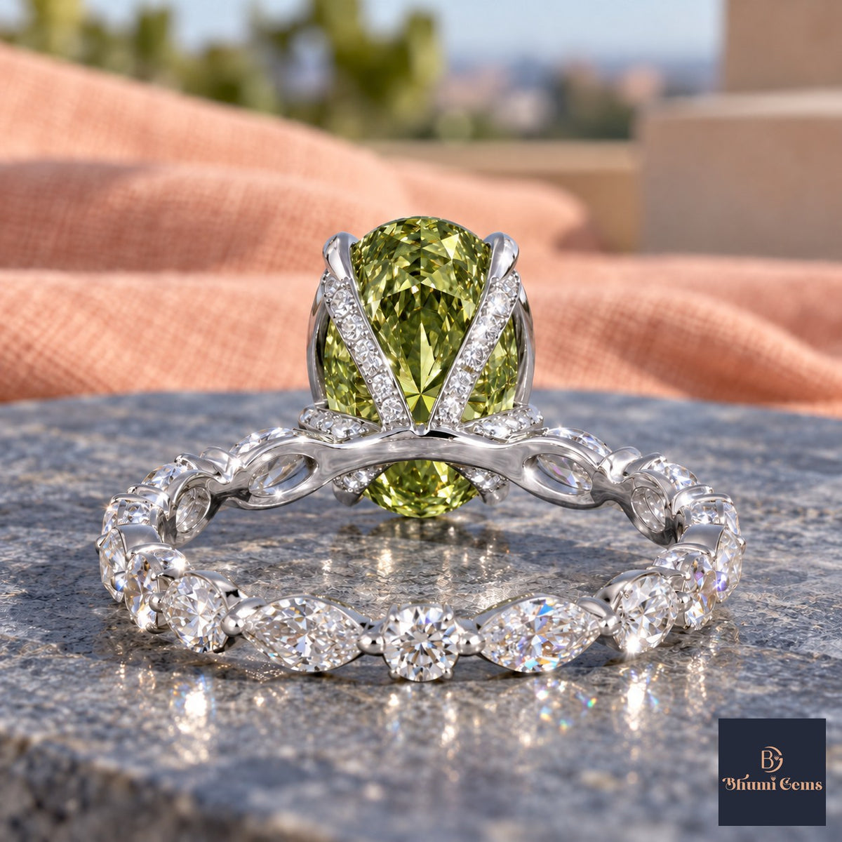 Green Oval Cut Lab Grown Diamond Engagement Ring - Navette Band in white gold, gallery view
