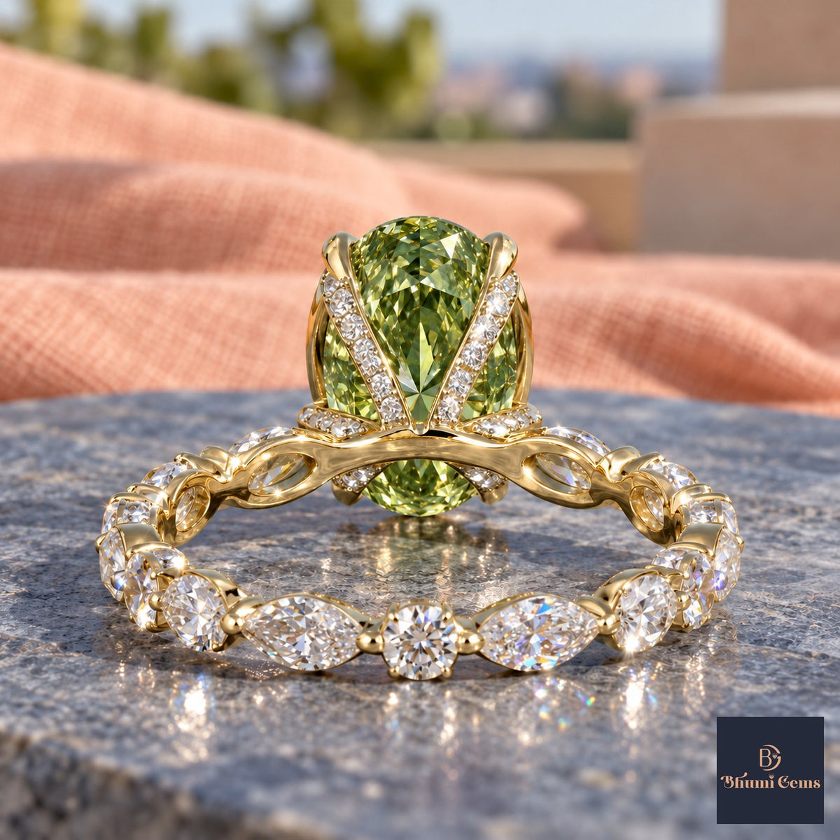 Green Oval Cut Lab Grown Diamond Engagement Ring - Navette Band in yellow gold, gallery view