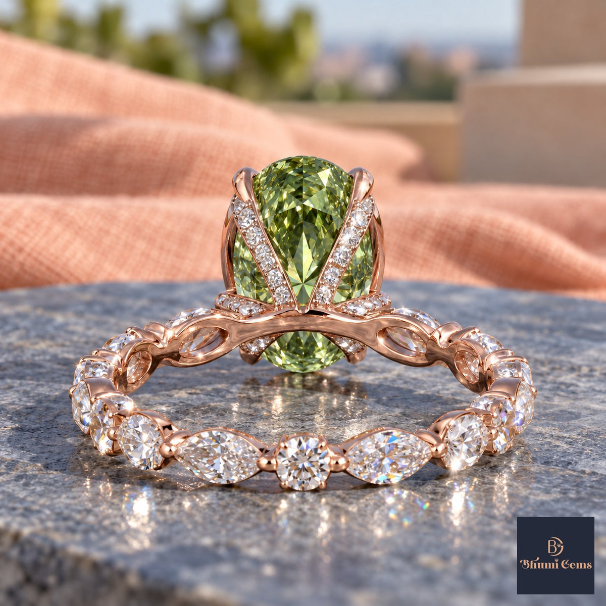 Green Oval Cut Lab Grown Diamond Engagement Ring - Navette Band in rose gold, gallery view