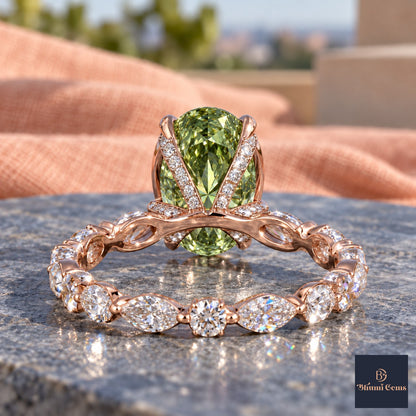 Green Oval Cut Lab Grown Diamond Engagement Ring - Navette Band in rose gold, gallery view