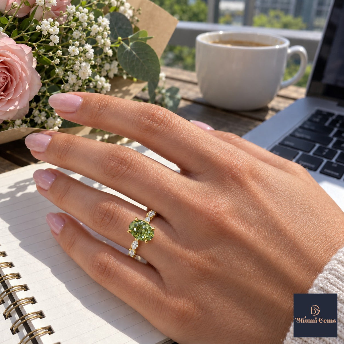 Green Oval Cut Lab Grown Diamond Engagement Ring - Navette Band in yellow gold, worn on the hand