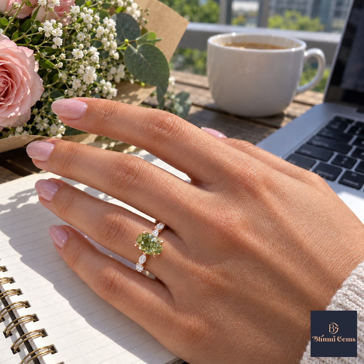 Green Oval Cut Lab Grown Diamond Engagement Ring - Navette Band in rose gold, worn on the hand