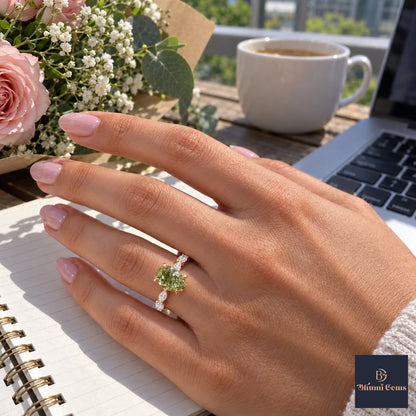 Green Oval Cut Lab Grown Diamond Engagement Ring - Navette Band in rose gold, worn on the hand
