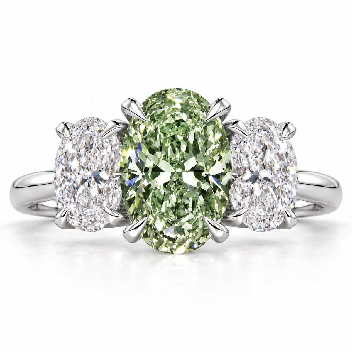 Green Oval Cut Lab Grown Diamond Engagement Ring - Oval Three Stone in white gold, front view