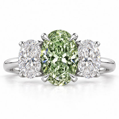 Green Oval Cut Lab Grown Diamond Engagement Ring - Oval Three Stone in white gold, front view