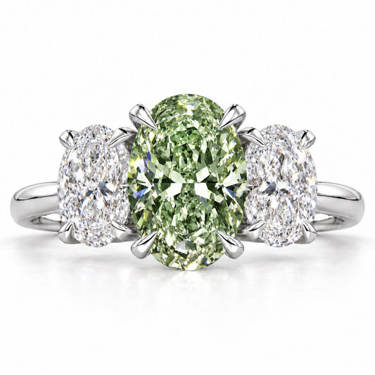 Green Oval Cut Lab Grown Diamond Engagement Ring - Oval Three Stone in white gold, front view