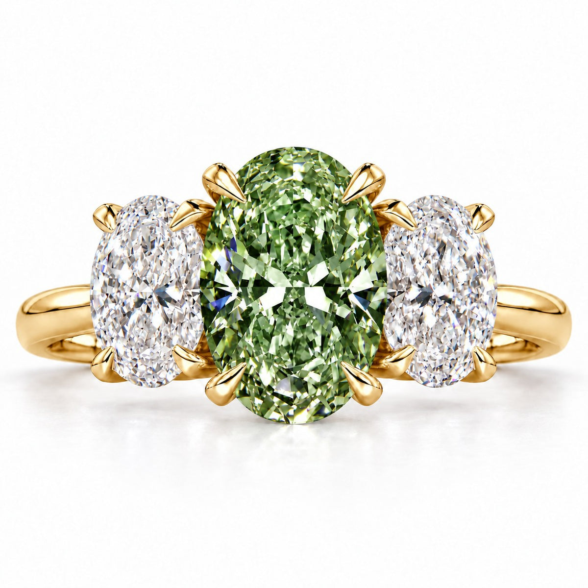 Green Oval Cut Lab Grown Diamond Engagement Ring - Oval Three Stone in yellow gold, front view
