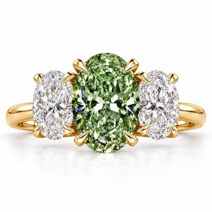Green Oval Cut Lab Grown Diamond Engagement Ring - Oval Three Stone in yellow gold, front view