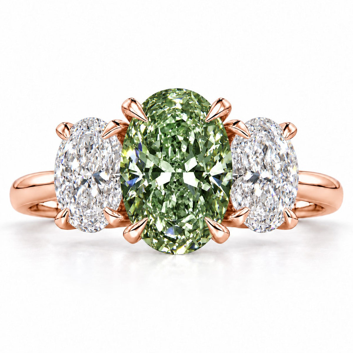 Green Oval Cut Lab Grown Diamond Engagement Ring - Oval Three Stone in rose gold, front view