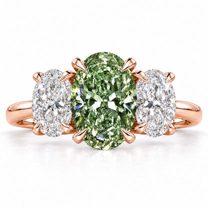 Green Oval Cut Lab Grown Diamond Engagement Ring - Oval Three Stone in rose gold, front view