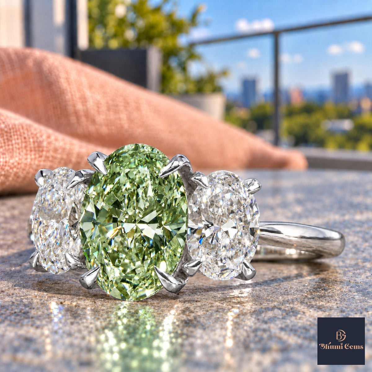 Green Oval Cut Lab Grown Diamond Engagement Ring - Oval Three Stone in white gold, close-up