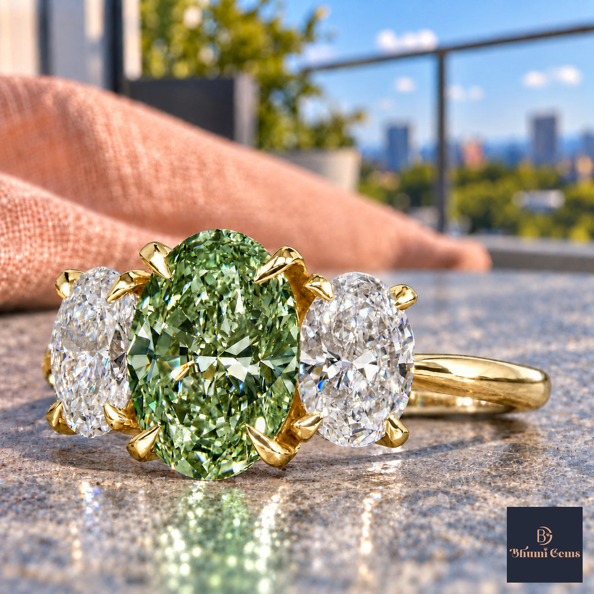 Green Oval Cut Lab Grown Diamond Engagement Ring - Oval Three Stone in yellow gold, close-up