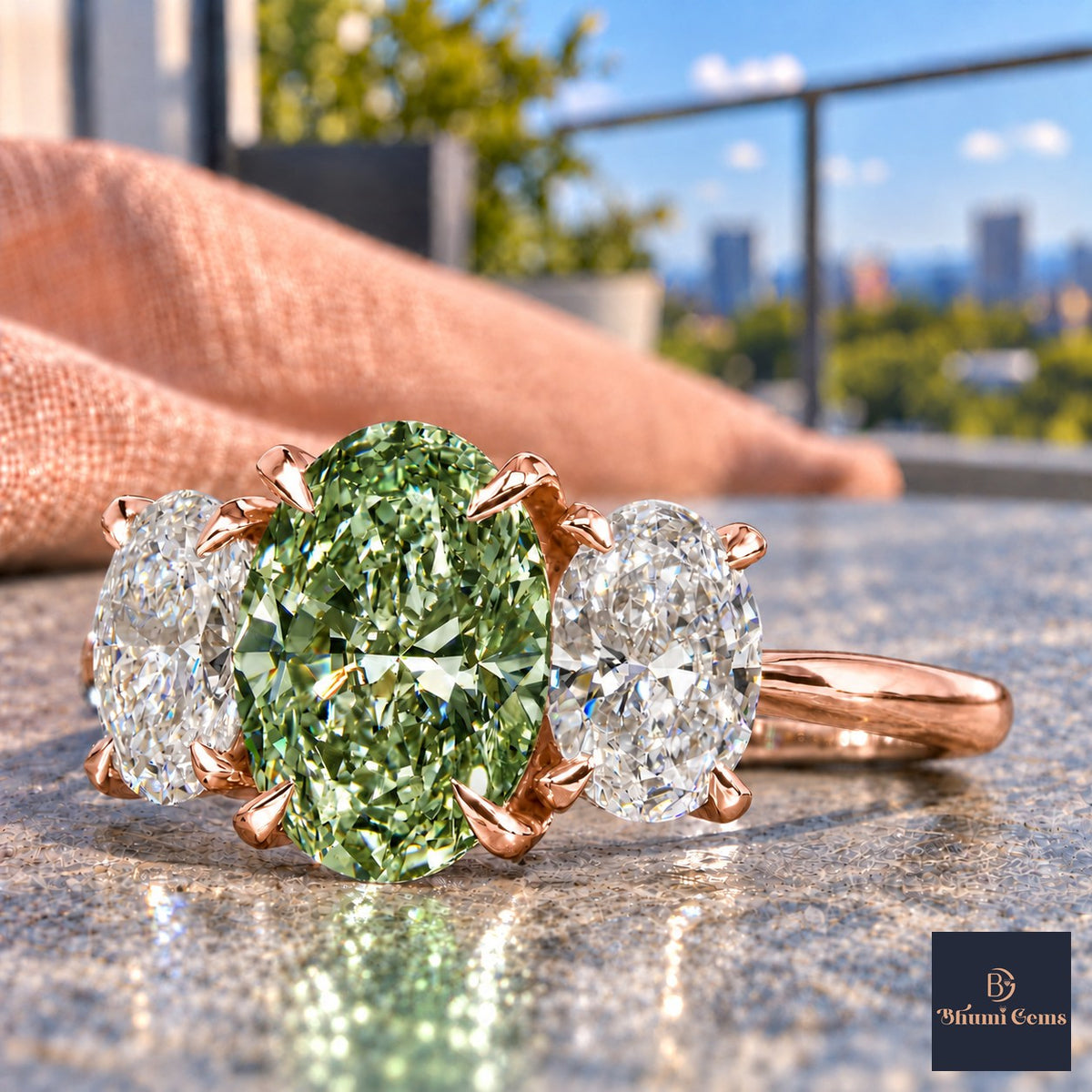 Green Oval Cut Lab Grown Diamond Engagement Ring - Oval Three Stone in rose gold, close-up