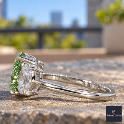 Green Oval Cut Lab Grown Diamond Engagement Ring - Oval Three Stone in white gold, side view