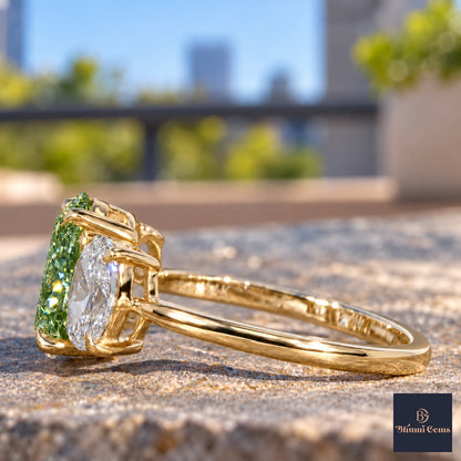 Green Oval Cut Lab Grown Diamond Engagement Ring - Oval Three Stone in yellow gold, side view