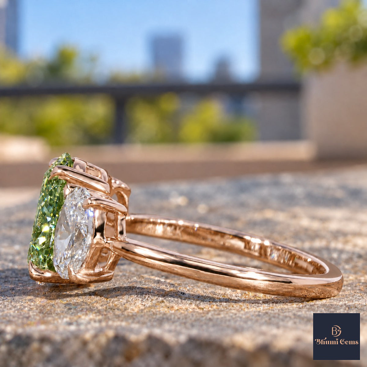 Green Oval Cut Lab Grown Diamond Engagement Ring - Oval Three Stone in rose gold, side view