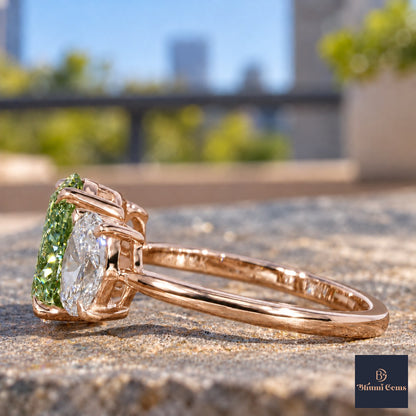 Green Oval Cut Lab Grown Diamond Engagement Ring - Oval Three Stone in rose gold, side view