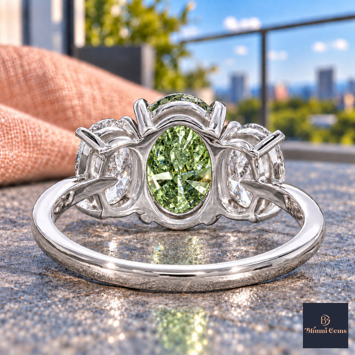 Green Oval Cut Lab Grown Diamond Engagement Ring - Oval Three Stone in white gold, gallery view