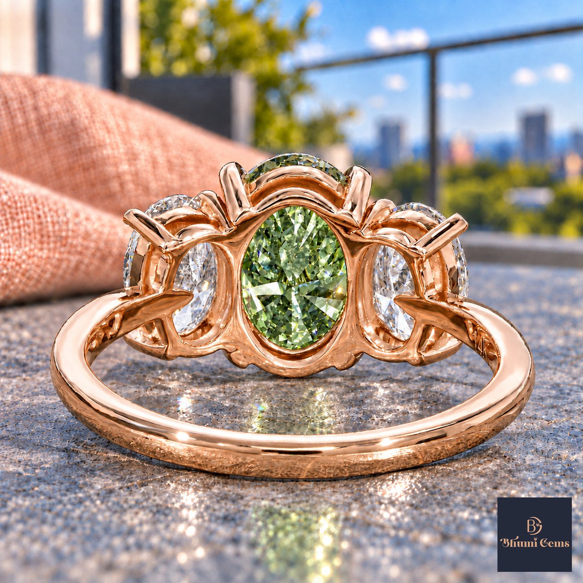 Green Oval Cut Lab Grown Diamond Engagement Ring - Oval Three Stone in rose gold, gallery view