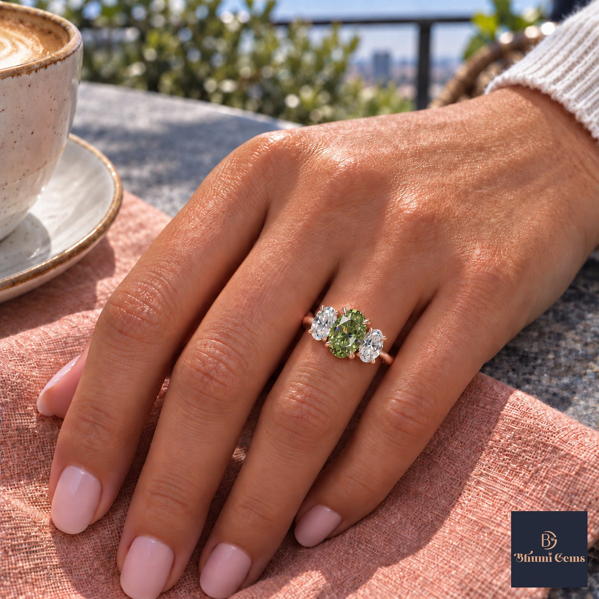 Green Oval Cut Lab Grown Diamond Engagement Ring - Oval Three Stone in rose gold, on the hand