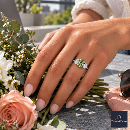 Green Oval Cut Lab Grown Diamond Engagement Ring - Oval Three Stone in white gold, worn on the hand