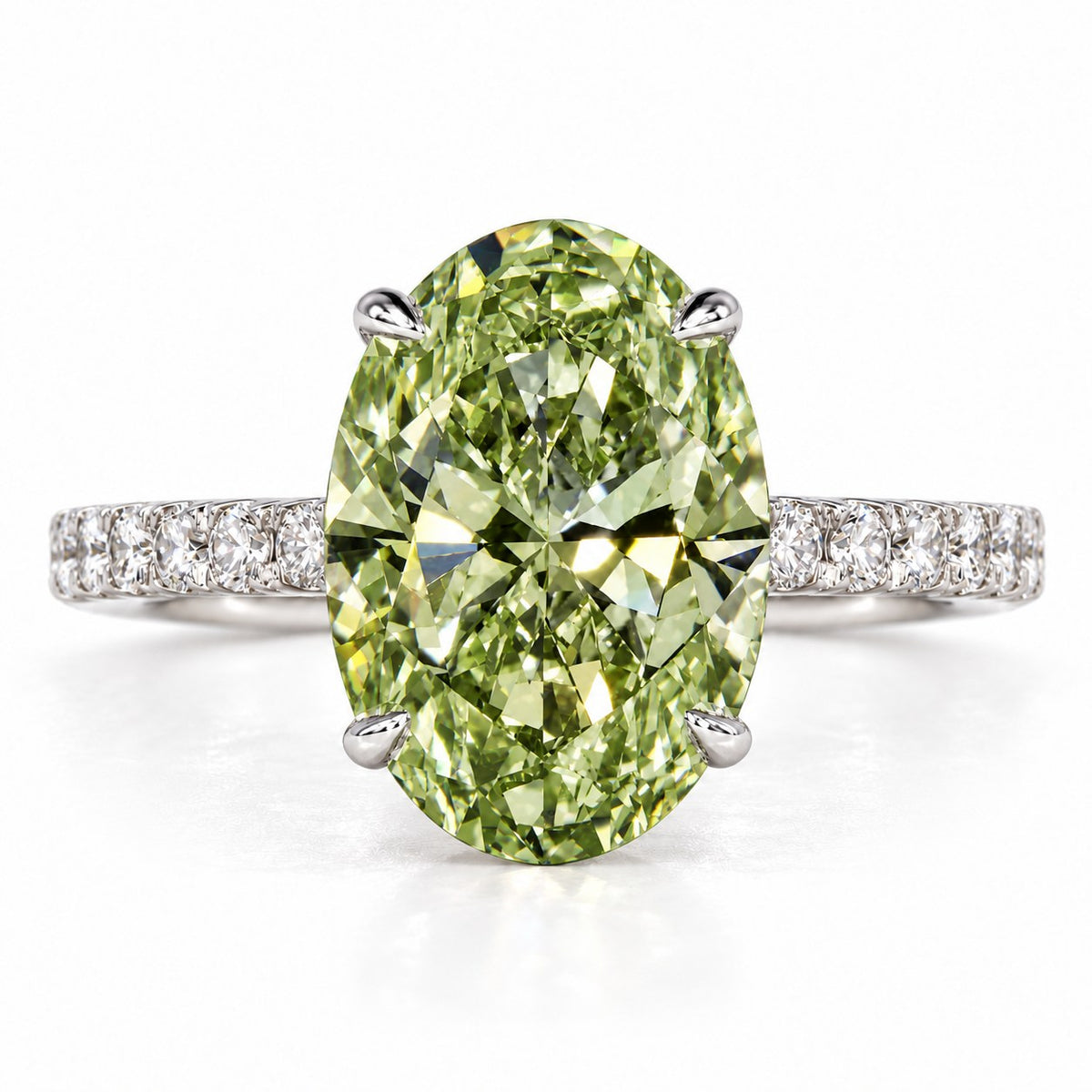 Green Oval Cut Lab Grown Diamond Engagement Ring - Pave Band in white gold, front view