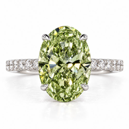 Green Oval Cut Lab Grown Diamond Engagement Ring - Pave Band in white gold, front view