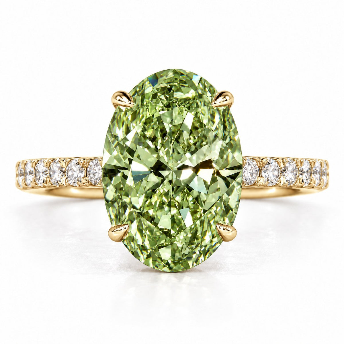 Green Oval Cut Lab Grown Diamond Engagement Ring - Pave Band in yellow gold, front view