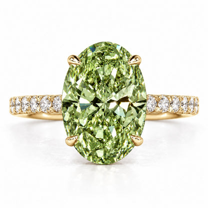Green Oval Cut Lab Grown Diamond Engagement Ring - Pave Band in yellow gold, front view