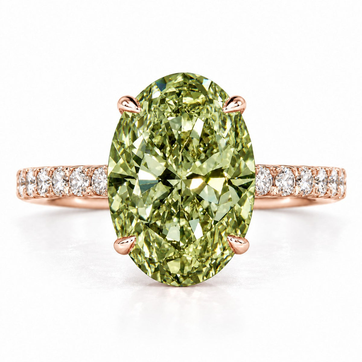 Green Oval Cut Lab Grown Diamond Engagement Ring - Pave Band in rose gold, front view