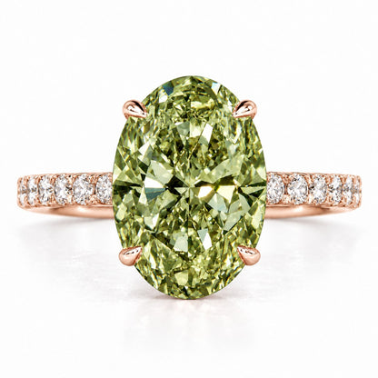 Green Oval Cut Lab Grown Diamond Engagement Ring - Pave Band in rose gold, front view