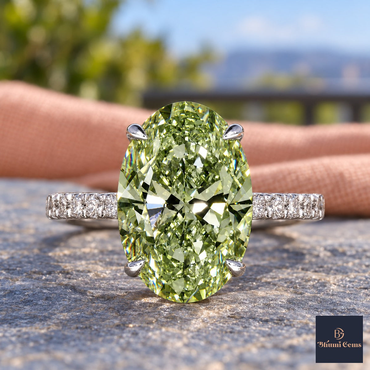 Green Oval Cut Lab Grown Diamond Engagement Ring - Pave Band in white gold, close-up