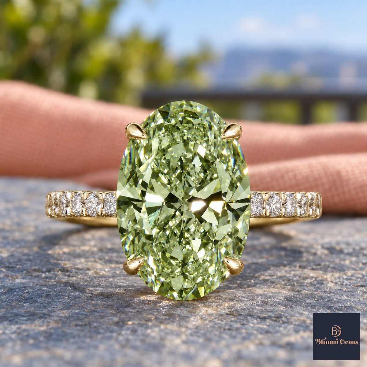 Green Oval Cut Lab Grown Diamond Engagement Ring - Pave Band in yellow gold, close-up