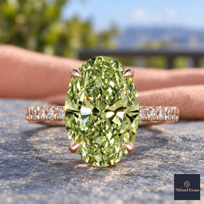 Green Oval Cut Lab Grown Diamond Engagement Ring - Pave Band in rose gold, close-up