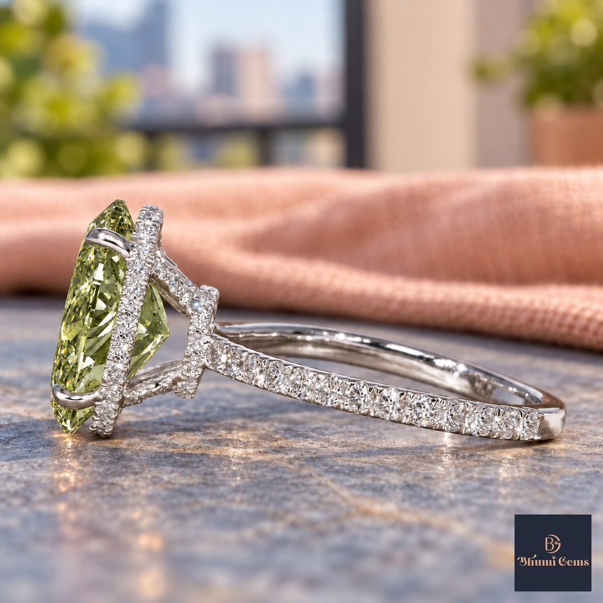 Green Oval Cut Lab Grown Diamond Engagement Ring - Pave Band in white gold, side view