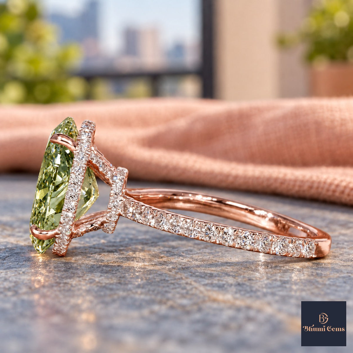 Green Oval Cut Lab Grown Diamond Engagement Ring - Pave Band in rose gold, side view