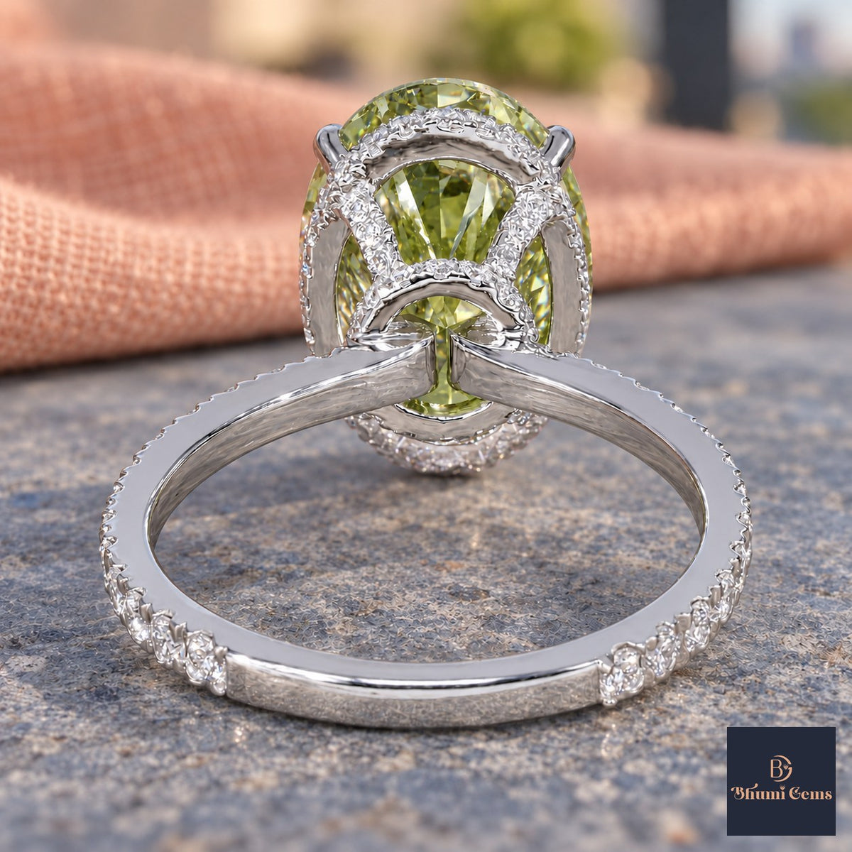 Green Oval Cut Lab Grown Diamond Engagement Ring - Pave Band in white gold, gallery view