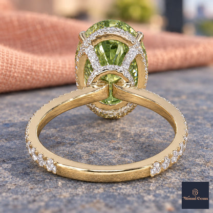 Green Oval Cut Lab Grown Diamond Engagement Ring - Pave Band in yellow gold, gallery view