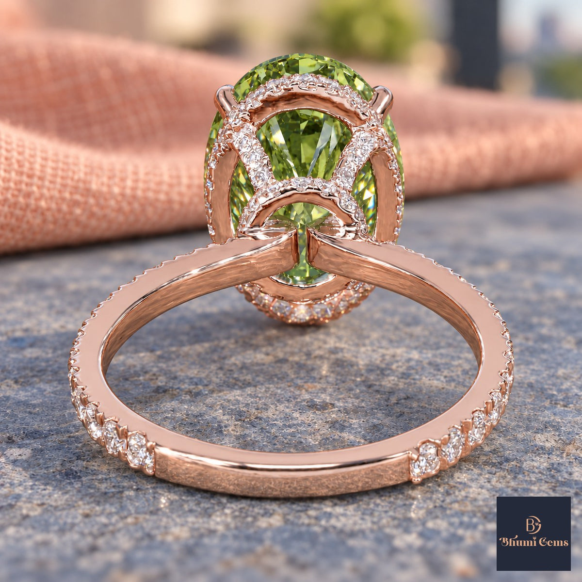 Green Oval Cut Lab Grown Diamond Engagement Ring - Pave Band in rose gold, gallery view
