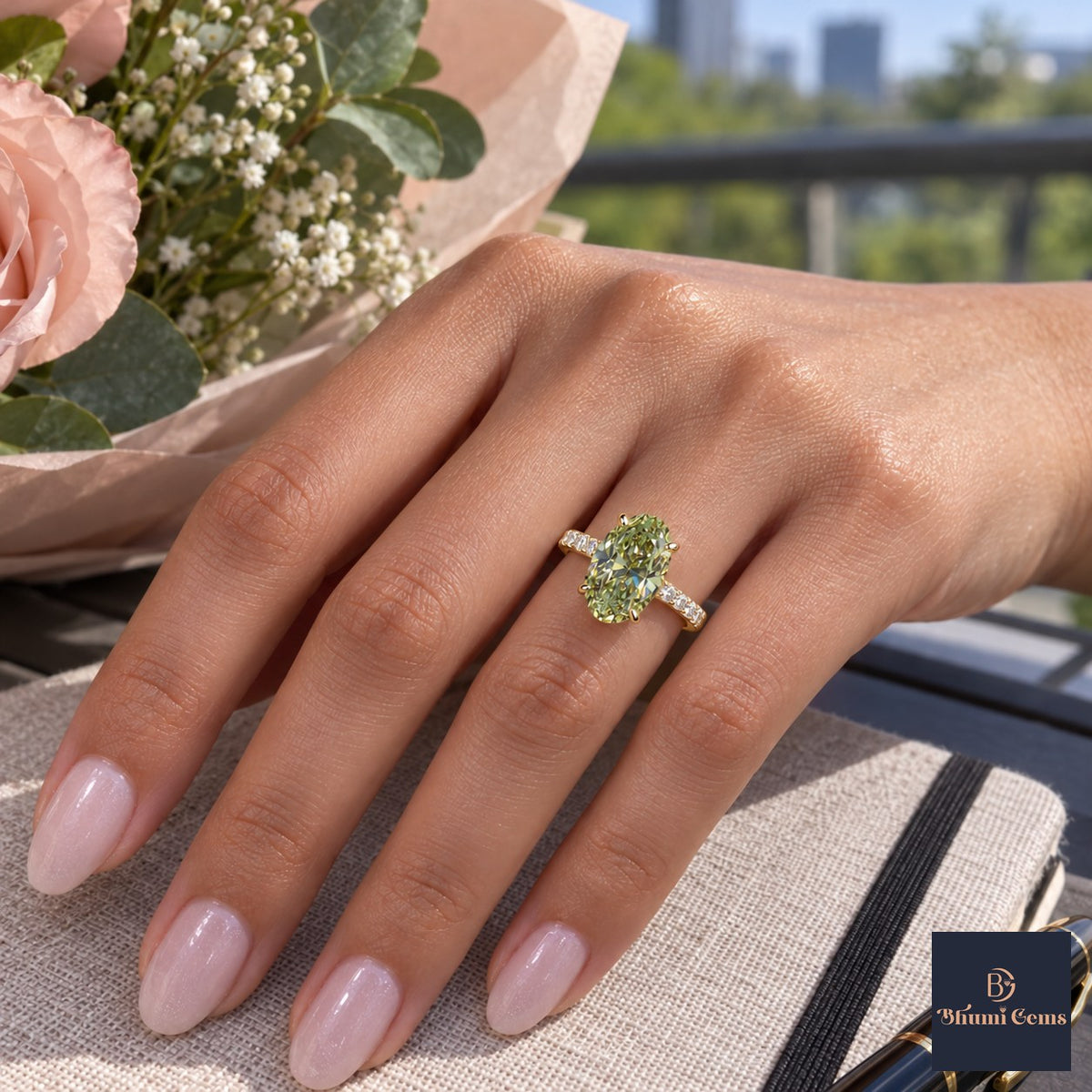 Green Oval Cut Lab Grown Diamond Engagement Ring - Pave Band in yellow gold, worn on the hand