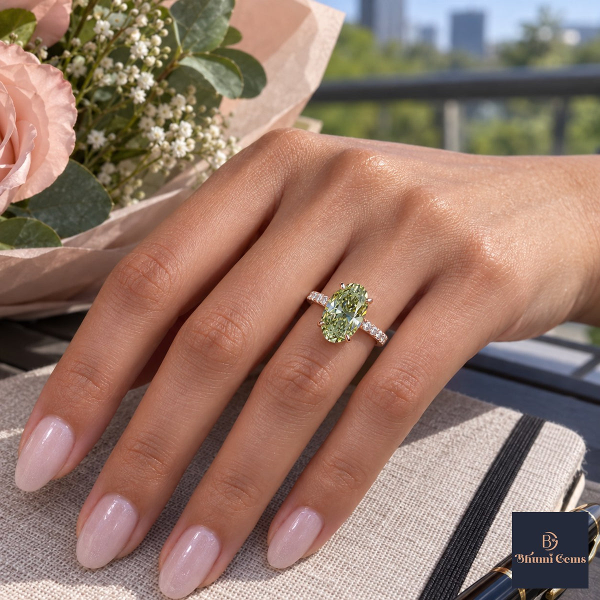 Green Oval Cut Lab Grown Diamond Engagement Ring - Pave Band in rose gold, worn on the hand