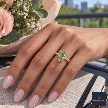 Green Oval Cut Lab Grown Diamond Engagement Ring - Pave Band in rose gold, worn on the hand
