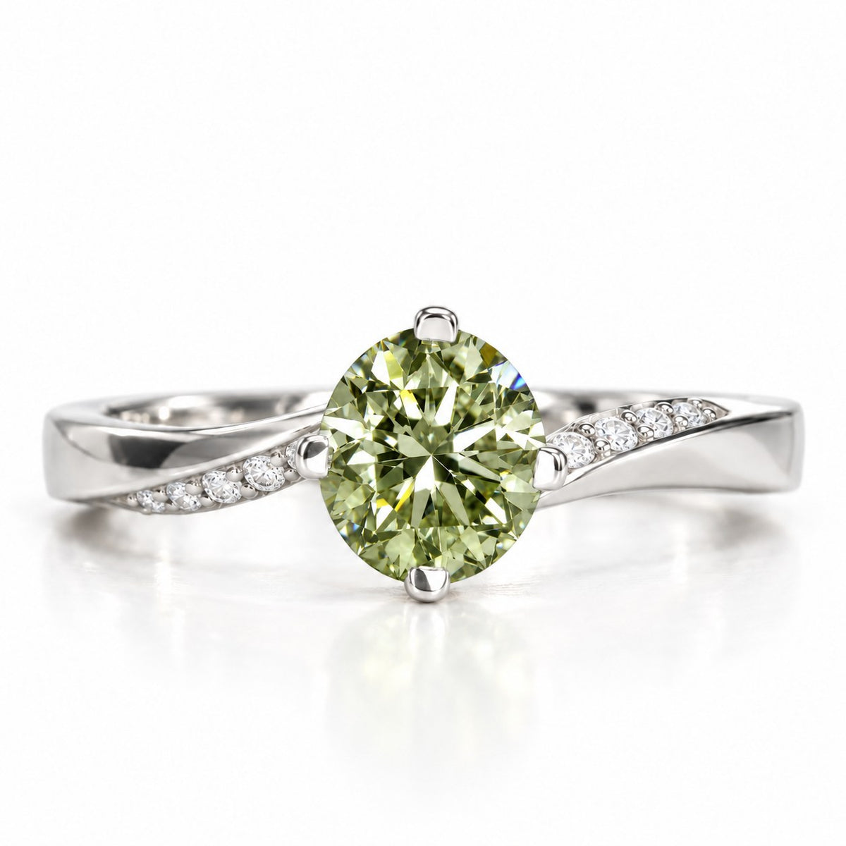Green Oval Cut Lab Grown Diamond Engagement Ring - Pave Twist Bypass in white gold, front view