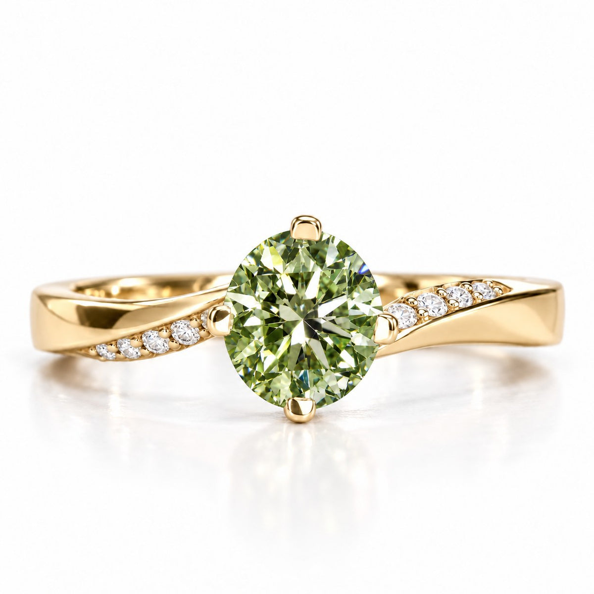 Green Oval Cut Lab Grown Diamond Engagement Ring - Pave Twist Bypass in yellow gold, front view