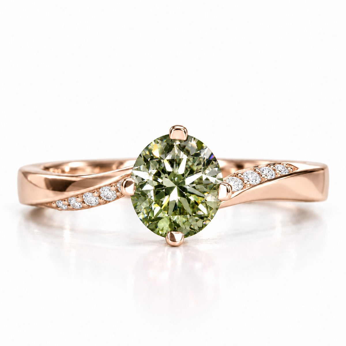 Green Oval Cut Lab Grown Diamond Engagement Ring - Pave Twist Bypass in rose gold, front view